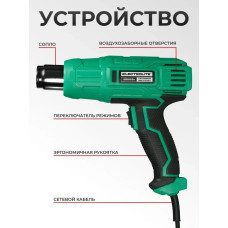Фен строительный / технический ELECTROLITE Ф 2500 С НАБОРОМ ( 2500 Вт, 220 В, 350/600 С, 300/500 л/мин, резиновая рукоять )