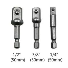 Адаптеры, переходники для шуруповерта под торцевые головки 1/4", 3/8", 1/2", длина 50 мм, комплект 3 шт