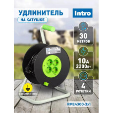 Удлинитель силовой на катушке Intro RPE4300 30м c заземлением 4 розетки ПВС 3х1мм, строительный садовый для газонокосилки и триммера