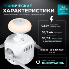 Удлинитель сетевой с ночником, с 3 USB, 1 TYPE-C, кабелем 1.8М, выключателем (16А, 4000Вт)