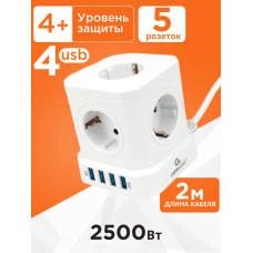 Сетевой фильтр Cablexpert Tower TWR-5-U4-W-2, 5р, 10А, 4хUSB, 2м, ур.защиты 4+, белый